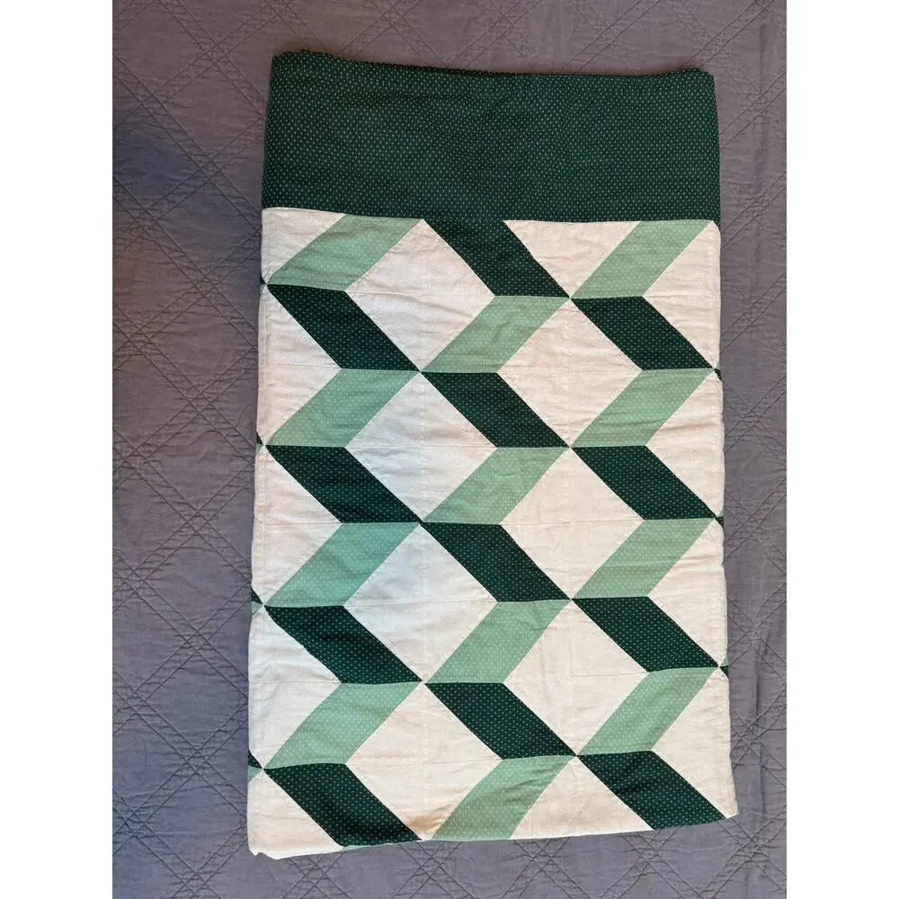 Handmade Cotton Quilt Green Shades & White Tumbling Blocks Geometric Design VTG